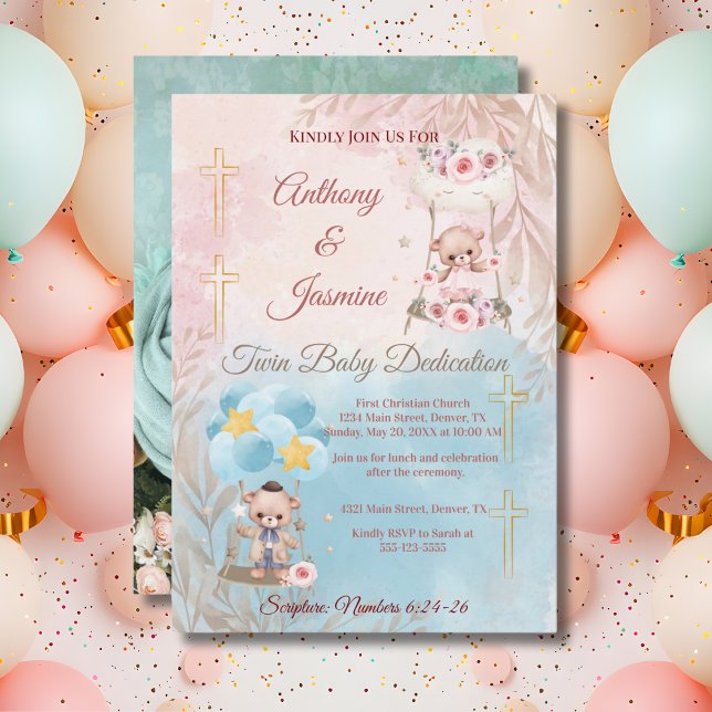 Invitation Pink and Blue Twin Teddy Bears on Swing with Photo (Créateur téléchargé)