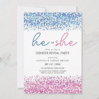 Invitation Pink and Blue white Gliter He or She Gender Reveal