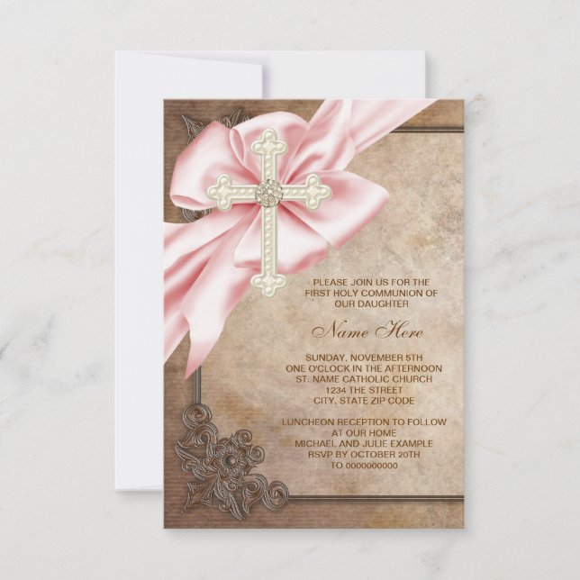 Invitation Pink and Brown Cross First Communion (Devant)