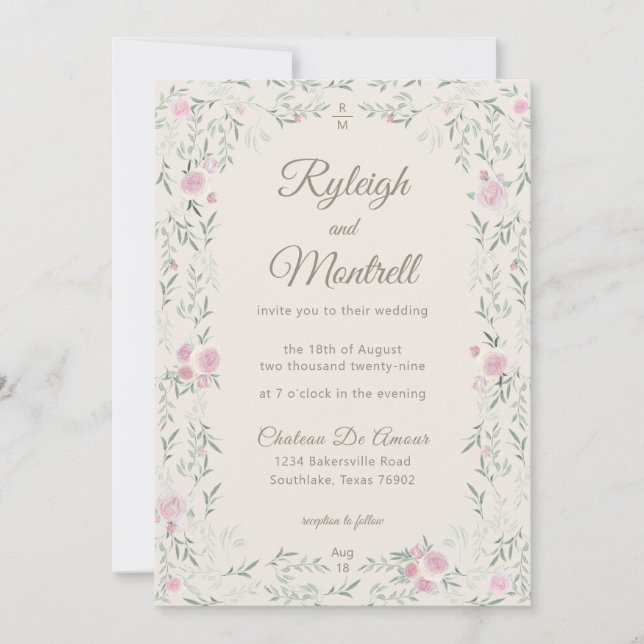 Invitation Pink and Cream Rose and Greenery Modern Elegant (Devant)