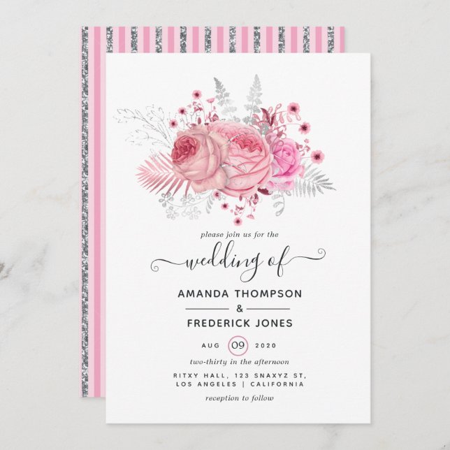 Invitation Pink and Faux Foil & Parties scintillant Mariage f (Devant / Derrière)