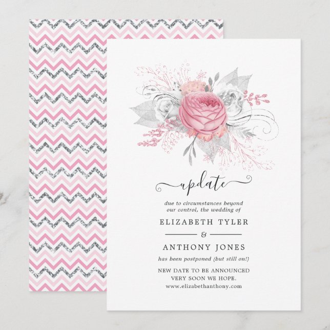 Invitation Pink and Faux Foil Silver Floral Mariage Mise à jo (Devant / Derrière)