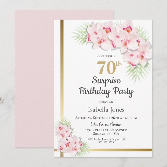 Invitation Pink and Gold Floral Surprise 70e anniversaire (Devant / Derrière)