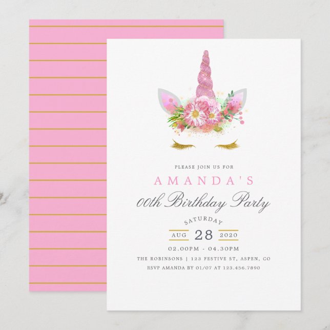 Invitation Pink and Gold Floral Unicorn Girl Birthday Party (Devant / Derrière)