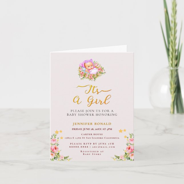 Invitation Pink and Gold Flower thème c'est un baby shower fi (Devant)