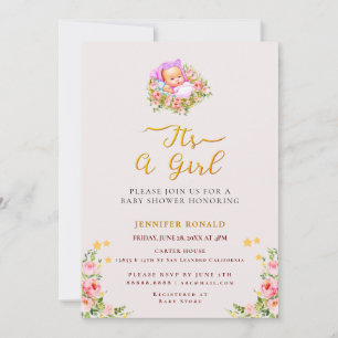 Invitation Pink and Gold Flower thème c'est un baby shower fi