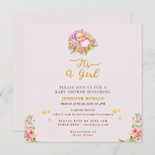 Invitation Pink and Gold Flower thème c'est un baby shower fi