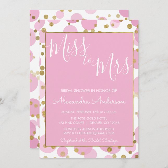 Invitation Pink and Gold Foil Mlle à Mme Fête des mariées (Devant / Derrière)
