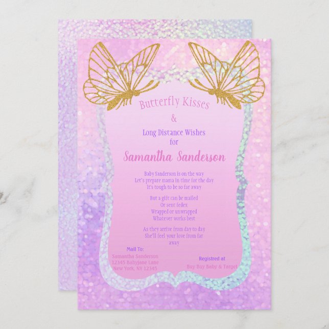 Invitation Pink and Gold Girl Long Distance Baby shower Baby (Devant / Derrière)