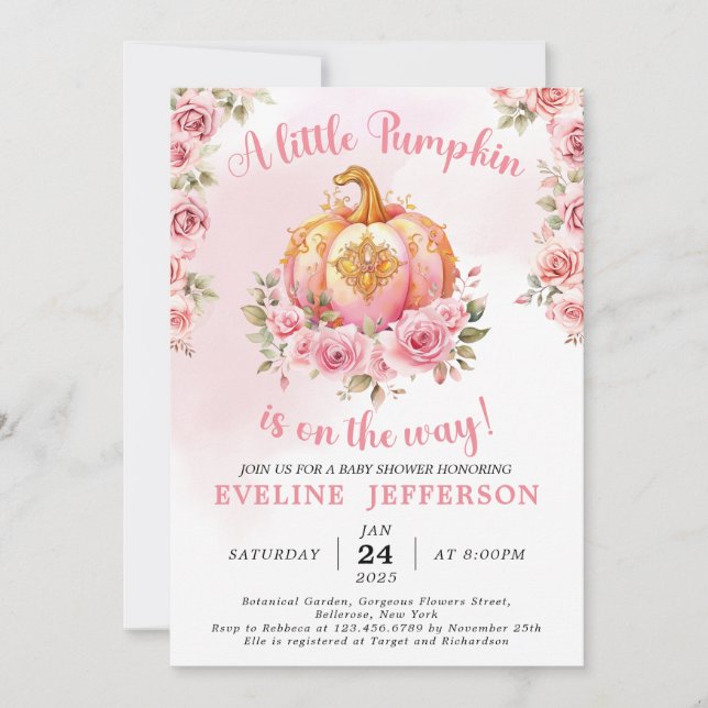 Invitation Pink and Gold Halloween Little Citrouille Baby sho (Devant)