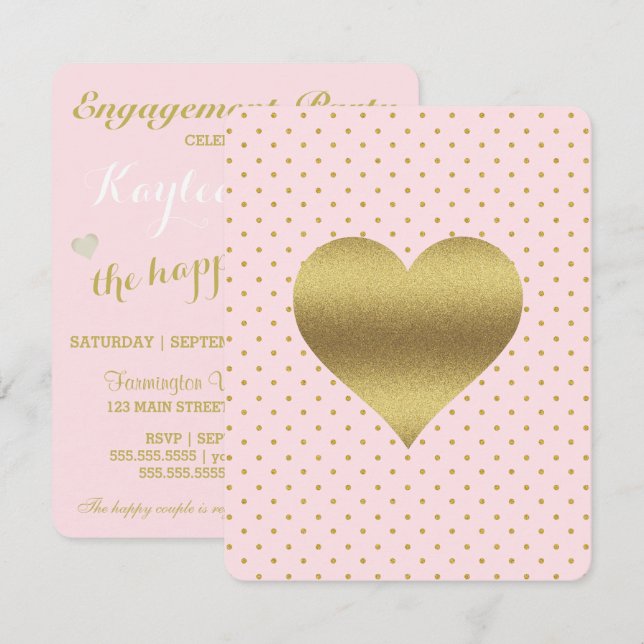Invitation Pink And Gold Heart Polka Dot Douche (Devant / Derrière)