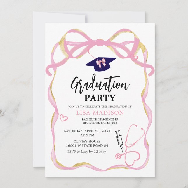 Invitation Pink and Gold RN Moderne Infirmière Graduation (Devant)