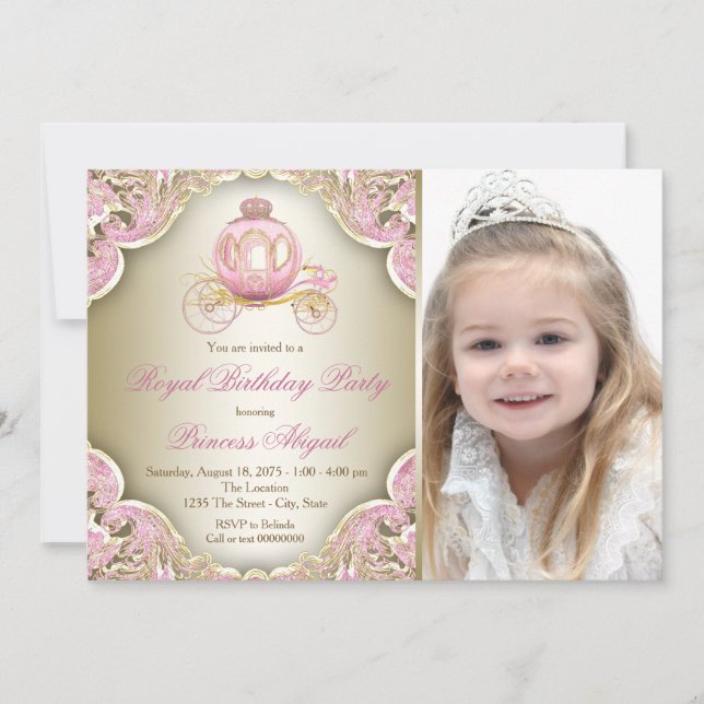 Invitation Pink and Gold Royal Princess Photo Anniversaire (Devant)