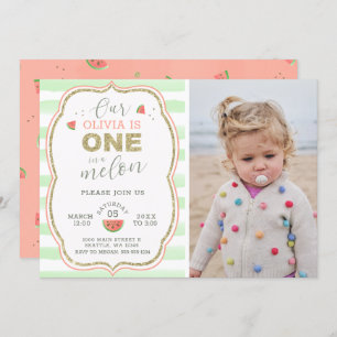 Invitation Pink and Gold Sparkel One in a Melon 1er Birthday