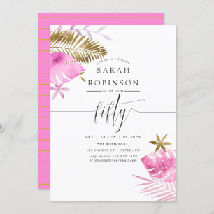 Invitation Pink and Gold Tropical 50th Birthday Party Invitat