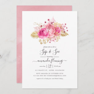 Invitation Pink and Gold Tropical Floral Sip et Voir