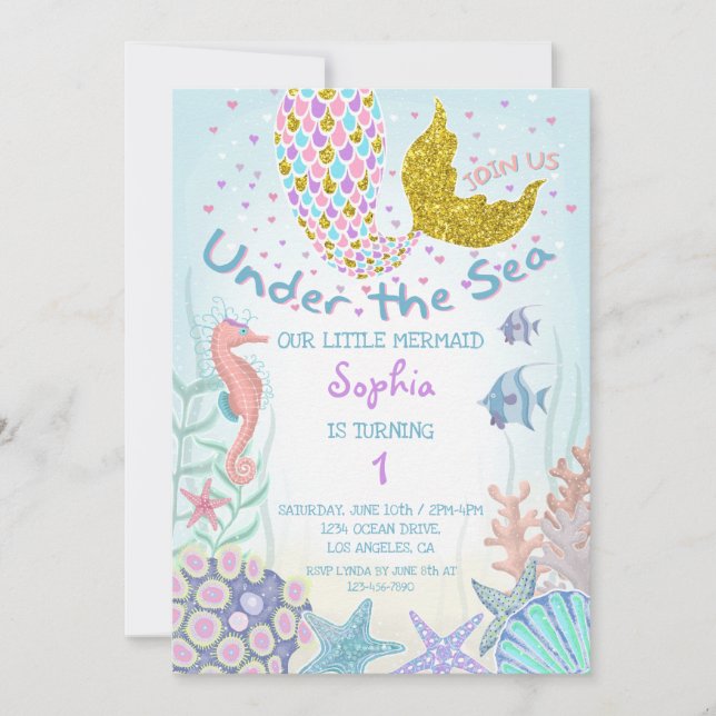 Invitation Pink and Gold Under the Sea Mermaid Anniversaire (Devant)