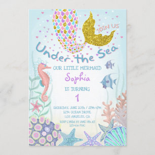 Invitation Pink and Gold Under the Sea Mermaid Anniversaire