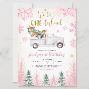Invitation Pink and Gold Winter Woodland Truck Premier annive