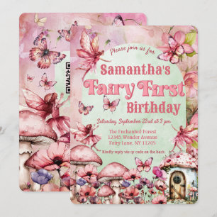 Invitation Pink and Green Fairy First Birday QR Code