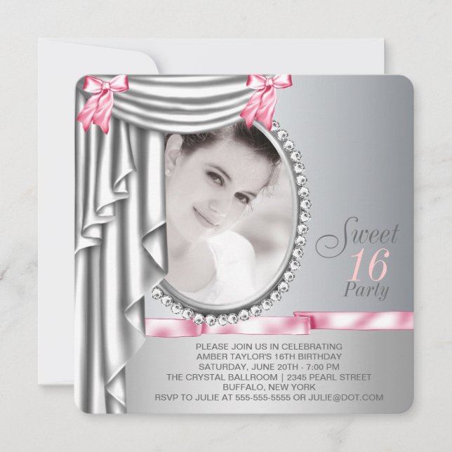 Invitation Pink and Grey Photo Sweet 16 Anniversaire (Devant)