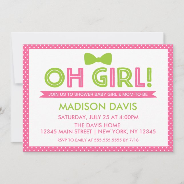 Invitation Pink and Lime Green Polka Dot Oh Girl Baby shower (Devant)