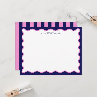 Invitation Pink and Navy Wavy Frame Note Card with Striped Ba