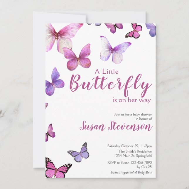 Invitation Pink and Purple A Little Butterfly Baby Shower (Devant)