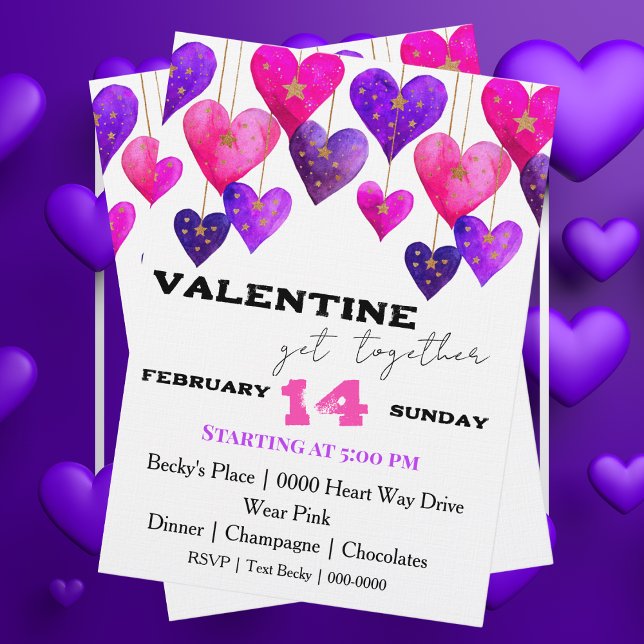 Invitation Pink and Purple Hearts Valentine Day (Cute pink and purple Valentines Day Hearts customizable party invitation
)