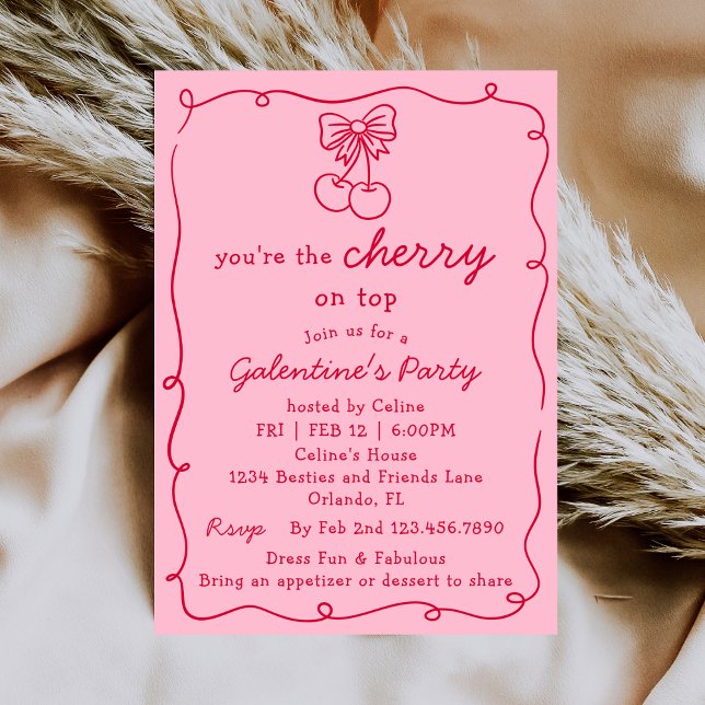 Invitation Pink and Red Cherry On Top Galentines Dinner Party (Créateur téléchargé)