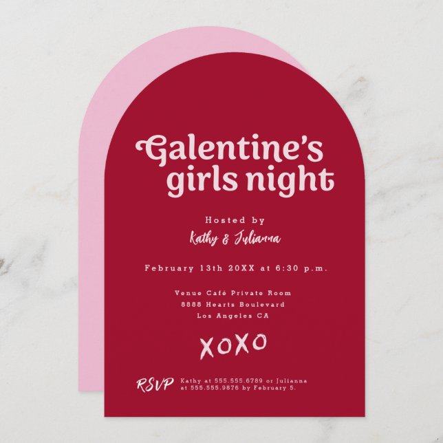 Invitation Pink and Red Galentine's Girls Night Party Modern  (Devant / Derrière)