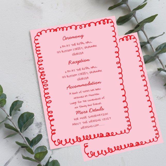 Invitation Pink and Red hand drawn heart Whimsical Wedding  (Créateur téléchargé)