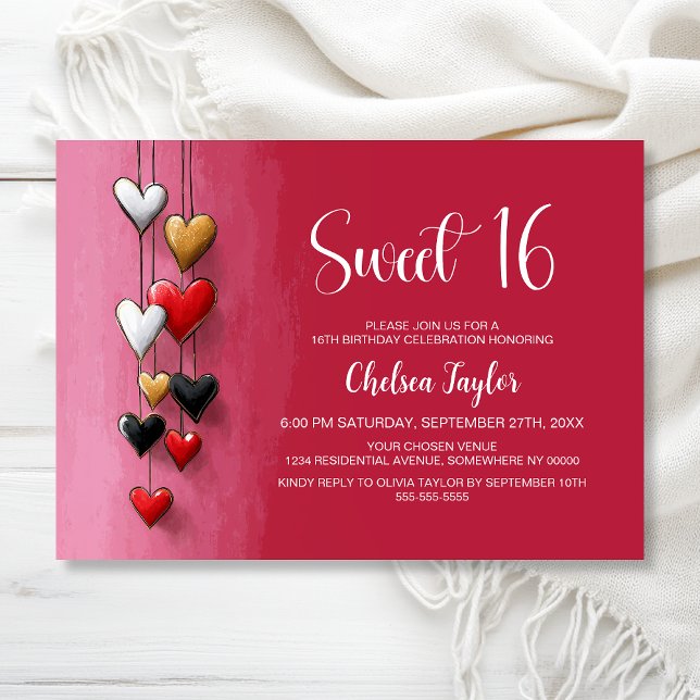 Invitation Pink and Red Heart Theme Sweet 16 Birthday (Créateur téléchargé)