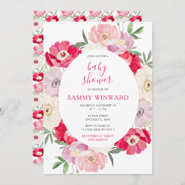 Invitation Pink and Red Peony Flowers Baby Shower (Devant / Derrière)