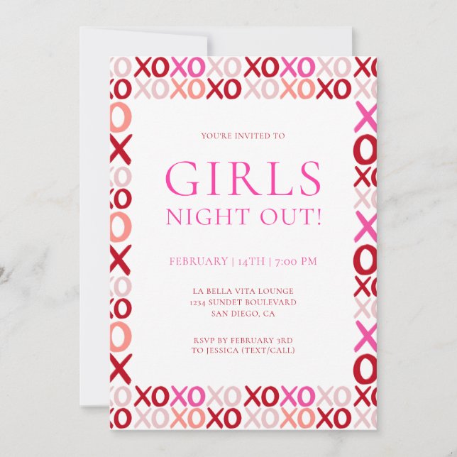 Invitation Pink and Red XOXO Girls night out Galentine's day (Devant)