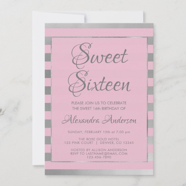 Invitation Pink and Silver Foil Sweet 16 Anniversaire (Devant)