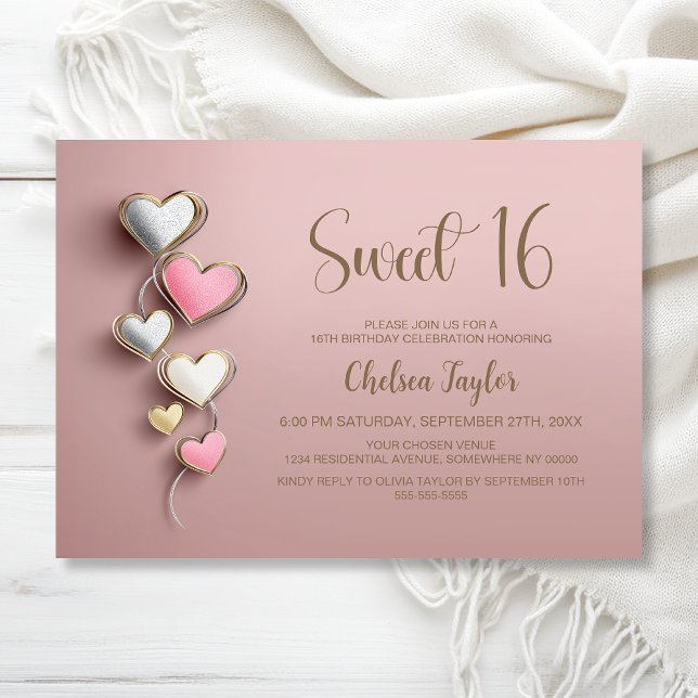 Invitation Pink and Silver Heart Theme Sweet 16 Birthday (Créateur téléchargé)