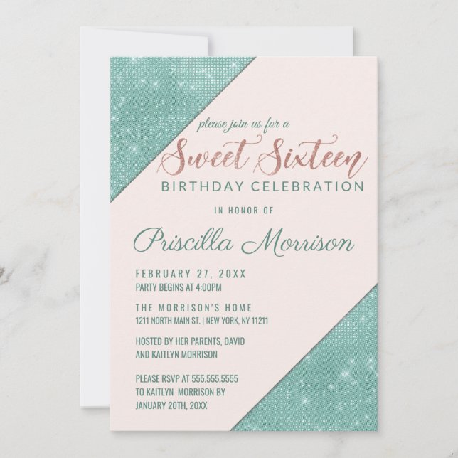Invitation Pink and Turquoise Blue Faux Parties scintillant S (Devant)