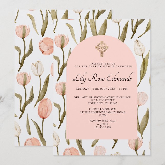 Invitation Pink and White Watercolor Tulips Baptism Invitatio (Devant / Derrière)