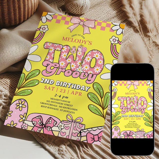 Invitation Pink and Yellow Daisy 2nd Birthday Retro Birthday (Créateur téléchargé)