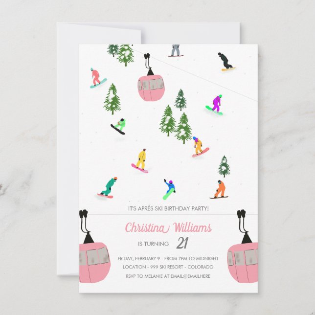 Invitation Pink Aprés Snowboard Snowboard Anniversaire (Devant)