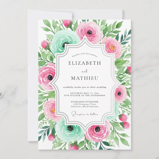 Invitation Pink Aqua Ethereal Floral Wedding (Devant)