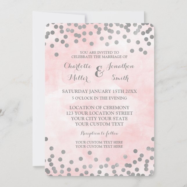 Invitation Pink Aquarelle Silver Confetti Mariage Invite (Dos)