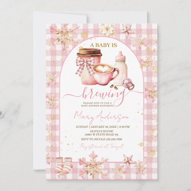 Invitation Pink Arch Gingham Baby Is Brewing Baby Shower (Devant)