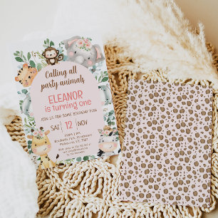Invitation Pink Arch Safari Party Animaux 1er anniversaire