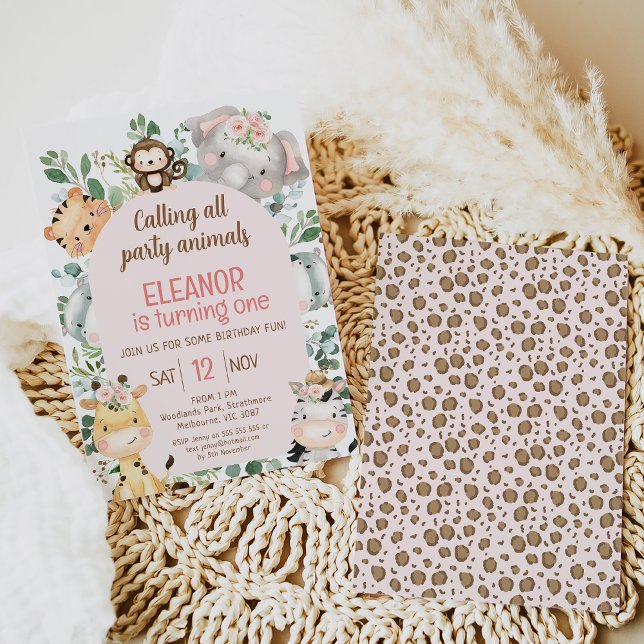 Invitation Pink Arch Safari Party Animaux 1er anniversaire (Modern pink arch safari themed, calling all party animals, girl's first birthday invitation.)