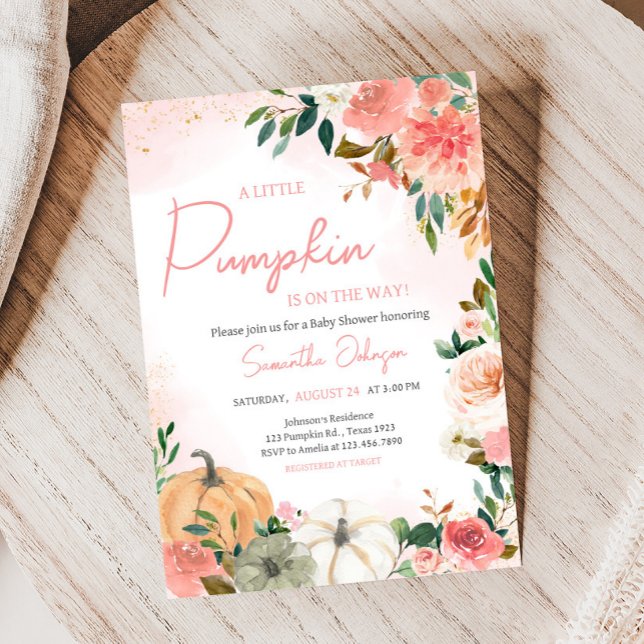 Invitation Pink Automne Automne Citrouille Floral Baby shower (Autumn Floral Pumpkin Baby Shower Invitation)