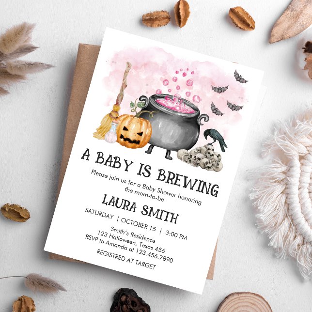 Invitation Pink Baby is Brewing Halloween Baby Shower (Pink Baby is Brewing Halloween Baby Shower Invitation)