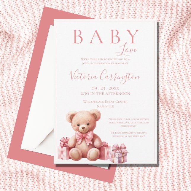 Invitation Pink Baby Love Aquarelle Baby shower Ours (Créateur téléchargé)