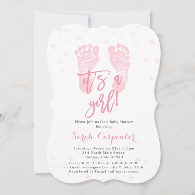 Invitation Pink Baby pieds c'est un Baby shower de fille (Devant)